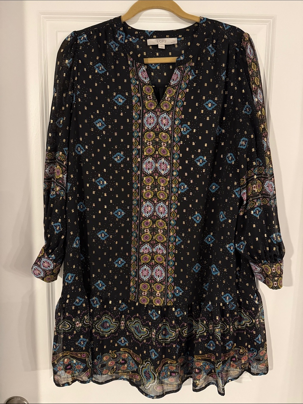 LOFT Black Tunic with Blue and Green Paisley Border